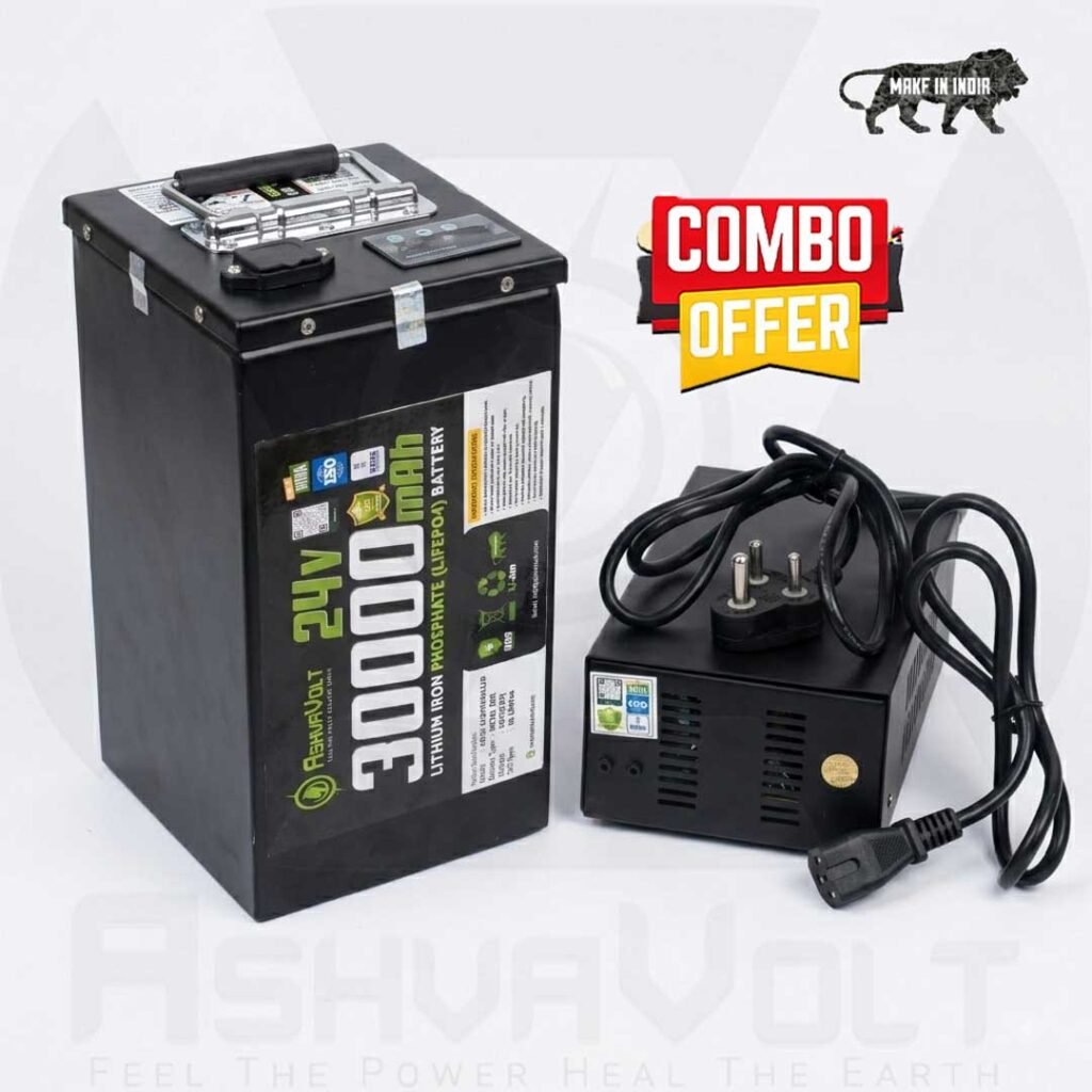 AshvaVolt® 24V/25.6V 30Ah 8S2P LiFePO4 battery & 24V 6A LiFePO4 Charger Combo with BMS Protection and Premium Metal Box, Digital Display Meter For Solar Inverter , Electric Cycle | 24V 30Ah LiFePO4 battery