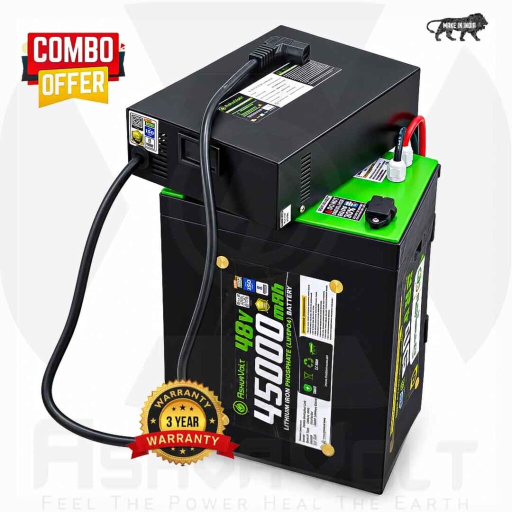 AshvaVolt® 48V 45Ah 15S LiFePO4 Battery Pack & 48V 10A LiFePO4 Charger Combo with BMS Protection and Premium Metal Box for EV