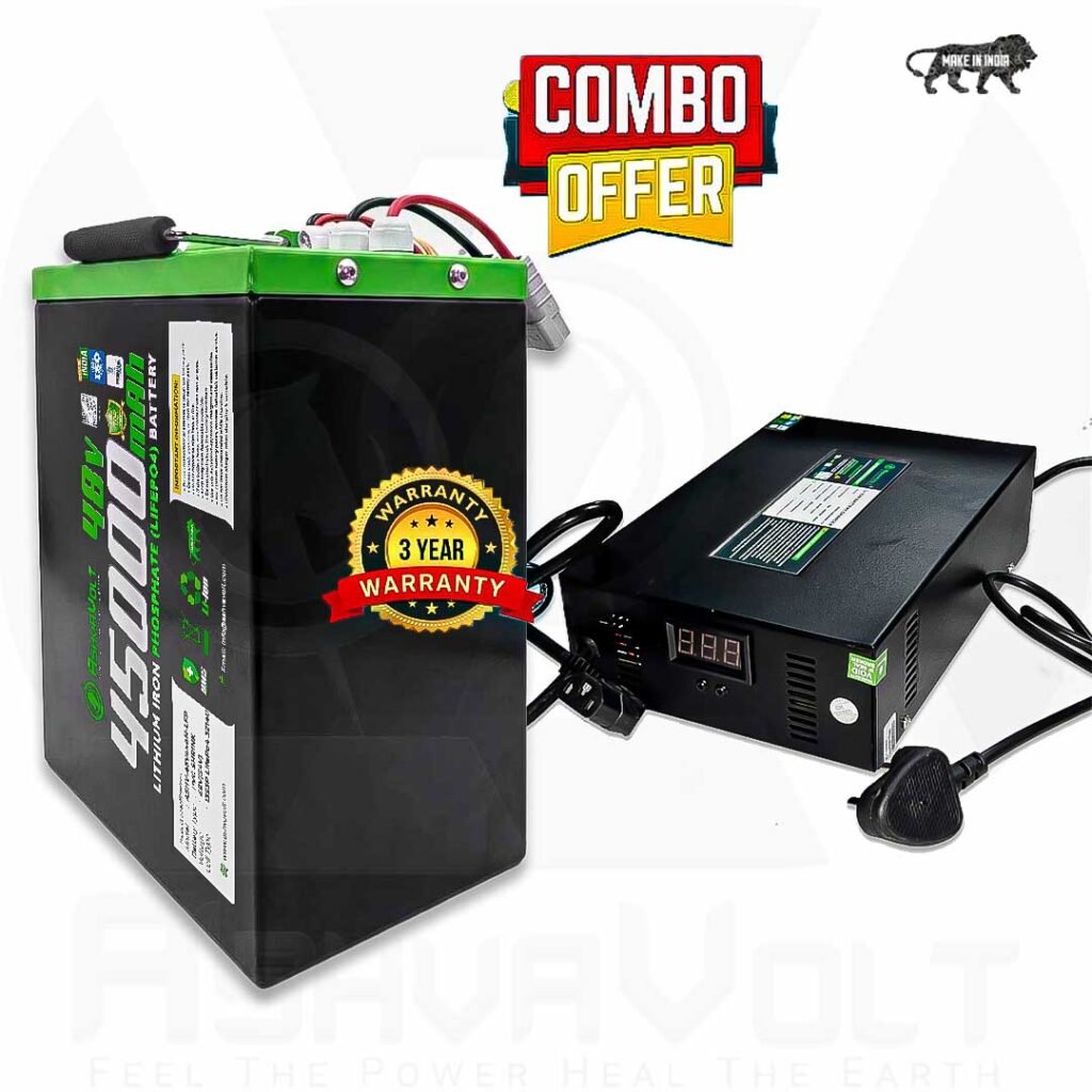AshvaVolt® 48V 45Ah LiFePO4 Battery Pack & 48V 10A LiFePO4 Charger Combo with BMS Protection and Premium Metal Box for EV | 48V 45Ah LiFePO4 Battery 3 Year Warranty