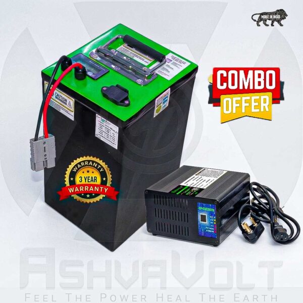 AshvaVolt® 60V 30Ah LiFePO4 Battery Pack & 60V 7A LiFePO4 Charger Combo with BMS Protection and Premium Metal Box for EV, Electric Bike Batterys