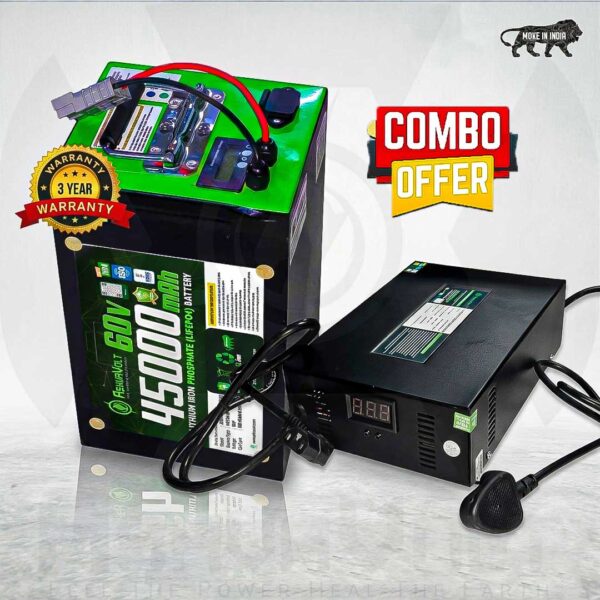 AshvaVolt® 60V 45Ah LiFePO4 Battery Pack & 60V 10A LiFePO4 Charger Combo with BMS Protection and Premium Metal Box for EV, Electric Bike Battery | 60V 45Ah LiFePO4 Battery 3 Year Warranty