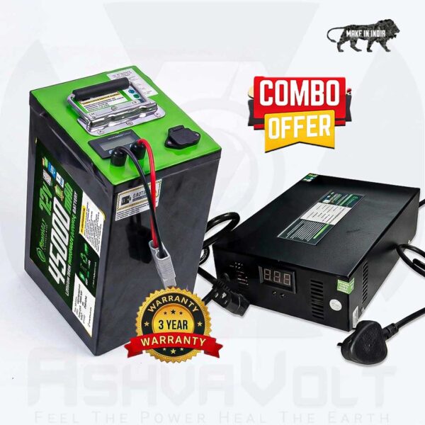 AshvaVolt® 72V 45Ah LiFePO4 Battery Pack & 72V 10A LiFePO4 Charger Combo with BMS Protection and Premium Metal Box for EV, Electric Bike Battery