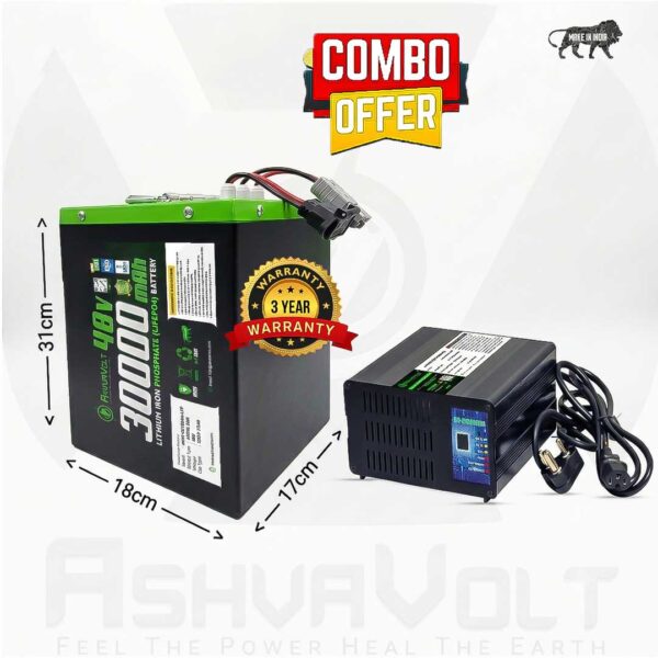 AshvaVolt® 48V 30Ah Lithium Iron Phosphate (LiFePO4) Battery Pack & 48V 7A (LiFePO4) Charger Combo with BMS Protection and Premium Metal Box for EV, Electric Bike Battery | 48V 30Ah LiFePO4 Battery 3 Year Warranty