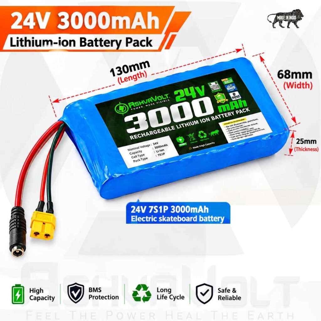 AshvaVolt® 24V 3Ah (3000mAh) Lithium-Ion Rechargeable Battery Pack with BMS Protectionss