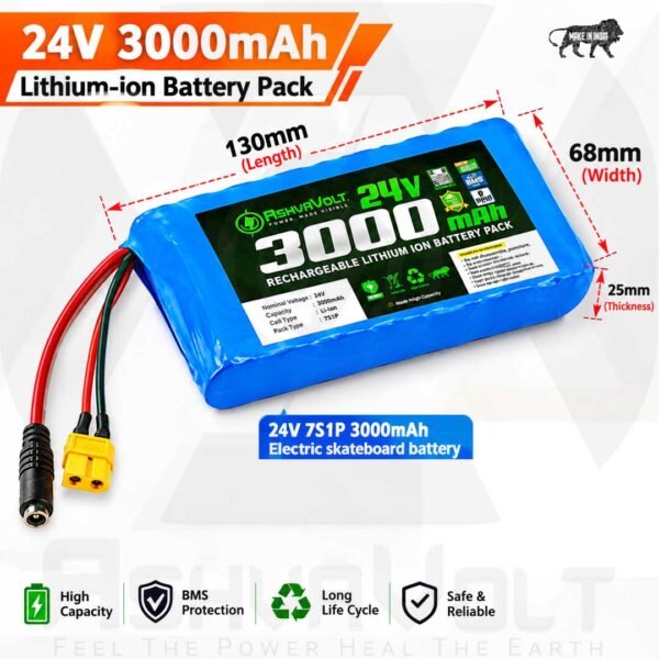 AshvaVolt® 24V 3Ah (3000mAh) Lithium-Ion Rechargeable Battery Pack with BMS Protectionss