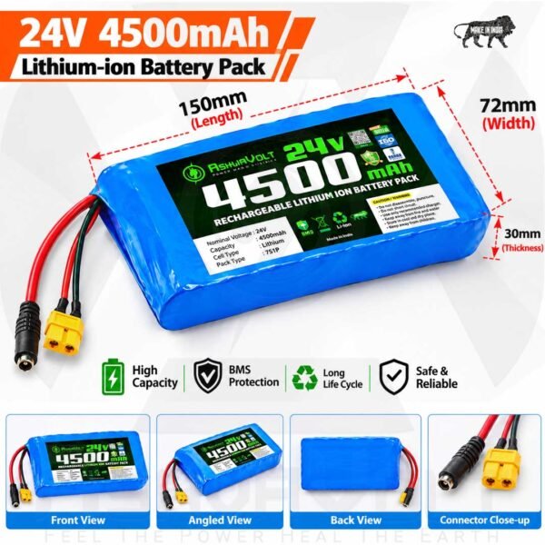 AshvaVolt® 24V 4.5Ah (4500mAh) Lithium-Ion Rechargeable Battery Pack with BMS Protection | 25.2V/29.4V 4.5Ah Lithium-Ion Battery for Electric Unicycles, Scooters & Toys with Built-in BMS