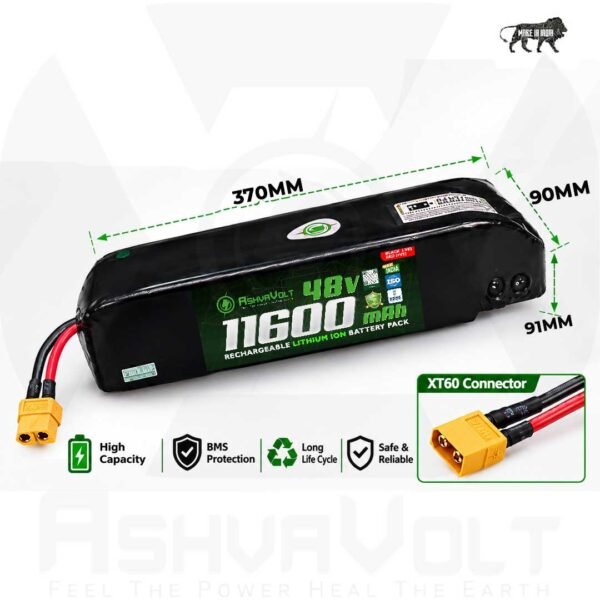 AshvaVolt® 48V 11.6Ah (54.6V) 13S Lithium-Ion Battery Pack with Premium Hailong Case and BMS Protection For Electric Cycle