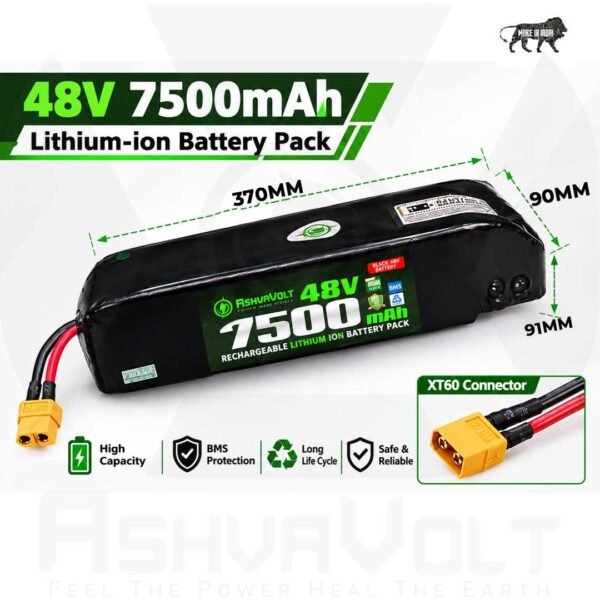 AshvaVolt® 48V 7.5Ah (54.6V) 13S Lithium-Ion Battery Pack with Premium Hailong Case and BMS Protection For Full Electric Cycle Battery Packs