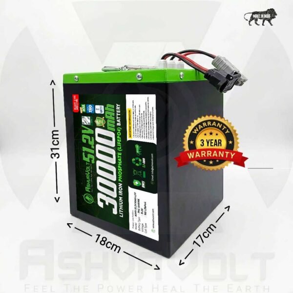 AshvaVolt® 51.2V 30Ah 16S Lithium Iron Phosphate (LiFePO4) Battery Pack with BMS Protection and Premium Metal Box for Electric Bike | 51.2V 30Ah LiFePO4 Battery 3 Year Warranty