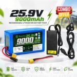 AshvaVolt® 25.9V 9Ah (9000mAh) Lithium-Ion Rechargeable Battery Pack & 24V 3a Lithium ion Charger Combo For Electric Cycle with BMS Protections