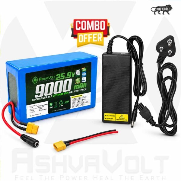 AshvaVolt® 25.9V 9Ah (9000mAh) Lithium-Ion Rechargeable Battery Pack & 24V 3a Lithium ion Charger Combo For Electric Cycle with BMS Protections