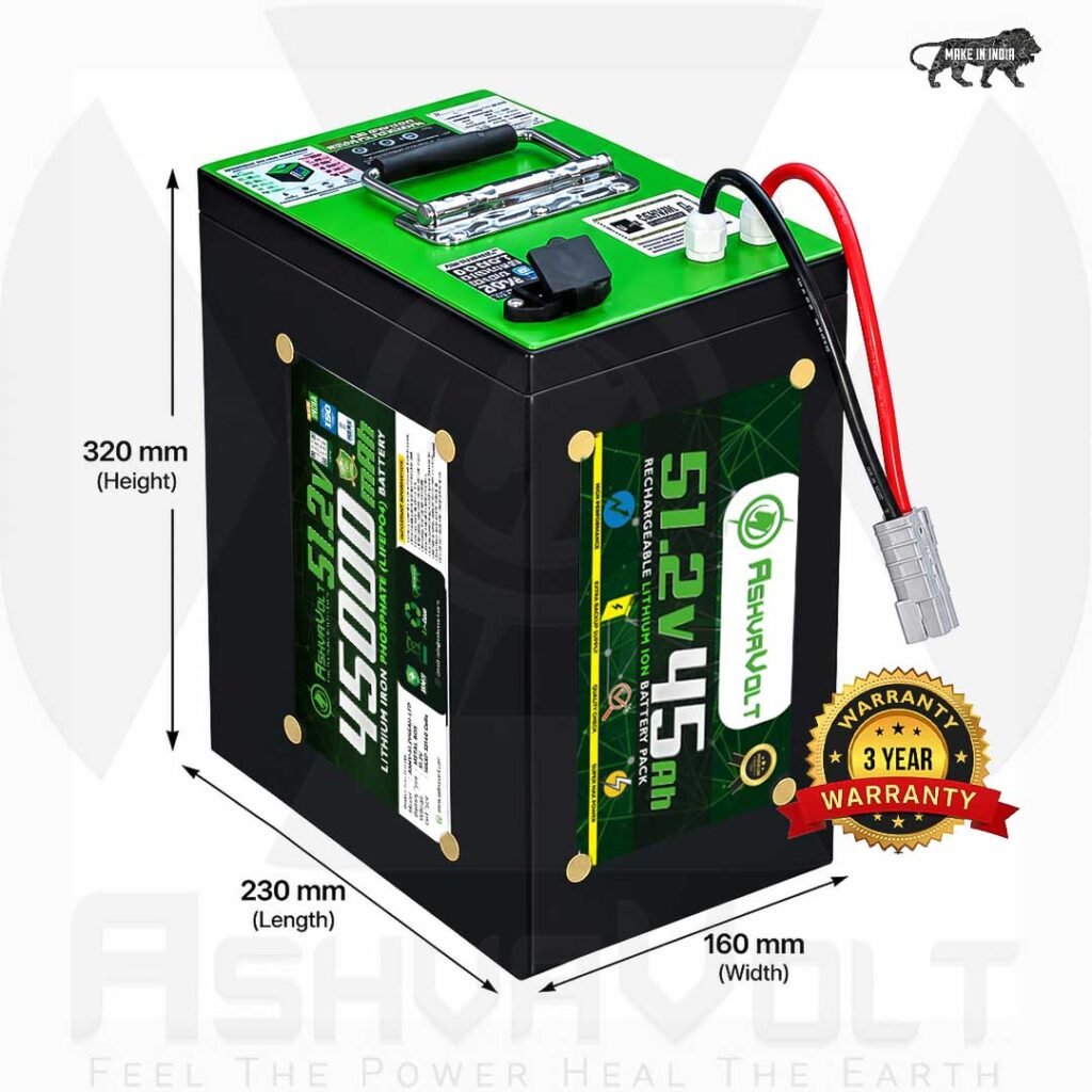 AshvaVolt® 51.2V 45Ah 16S Lithium Iron Phosphate (LiFePO4) Battery Pack with BMS Protection and Premium Metal Box for Electric Bike | 51.2V 45Ah LiFePO4 Battery 3 Year Warranty