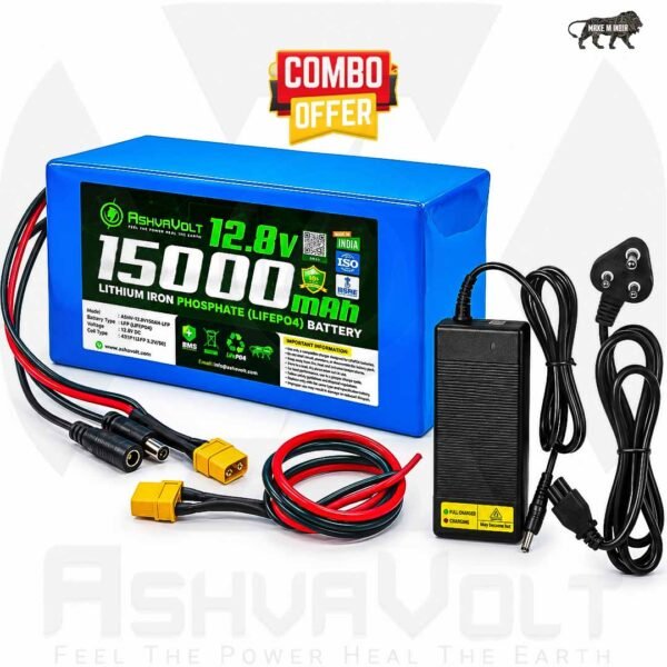 AshvaVolt®12.8V 15Ah 192W 4S1P UPS/Inverter LifePO4 Battery Pack & 12.8V 3A (14.6V) Lithium Ion Charger Combo Pack with BMS Protection 1Year Warranty, XT60 Connector, Solar, 12V Equipment, Street Light