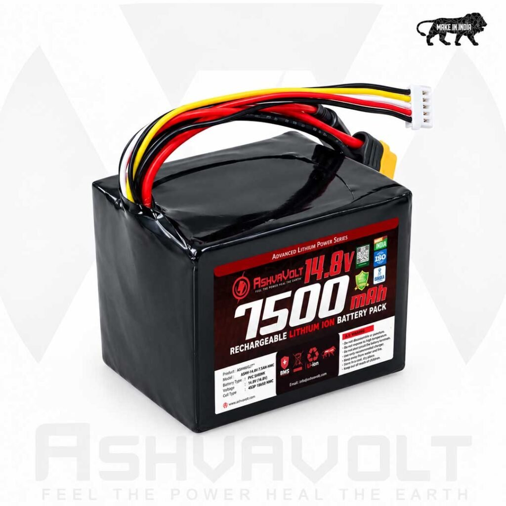 AshvaVolt 14.8V/14.4V 7500mAh Li-Ion Battery Pack - 4S3P 18650 3C with BMS Protection & Female DC Jack, Amass XT60 and 5pin JST Connector - AVPowerSeries